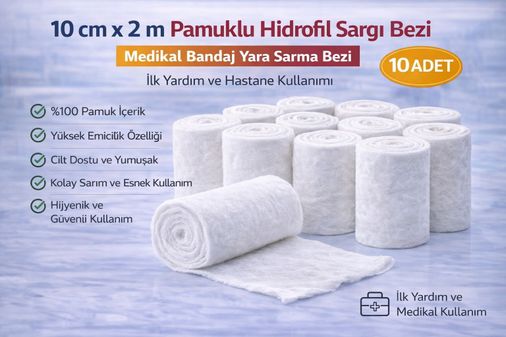 Bezos 122655482 10 Cm X 2 M Pamuklu Hidrofil Sargı Bezi Medikal Bandaj Yara Sarma Bezi İlk Yardım Ve Hastane Kullanımı 10 Adet