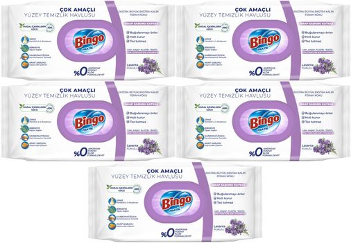 Bingo Clean Yüzey Temizlik Havlusu 96 Yaprak Lavanta Kokulu Plastik Kapaklı (5 Li Set) 480 Yaprak