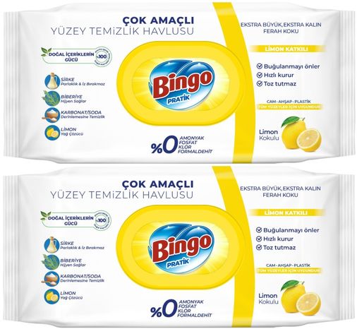 Bingo Clean Yüzey Temizlik Havlusu 96 Yaprak Limon Kokulu Plastik Kapaklı (2 Li Set) 192 Yaprak