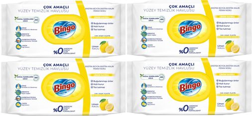 Bingo Clean Yüzey Temizlik Havlusu 96 Yaprak Limon Kokulu Plastik Kapaklı (4 Lü Set) 384 Yaprak
