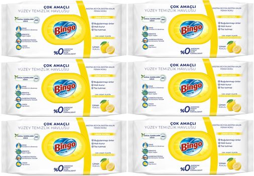 Bingo Clean Yüzey Temizlik Havlusu 96 Yaprak Limon Kokulu Plastik Kapaklı (6 Lı Set) 576 Yaprak