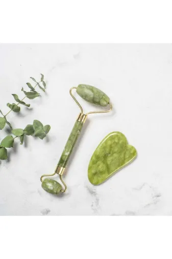 BİSEN ysts0147 Yeşim Taşı Doğal Taş Face Roller + Gua Sha Masaj Aleti Seti Doğal Taş Cilt Bakımı