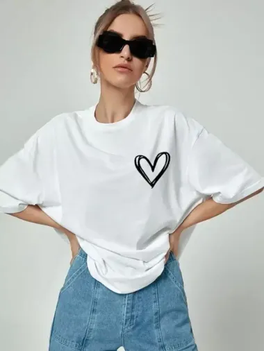 Bisiklet Yaka Baskılı Oversize T-Shirt - Beyaz - M - Beyaz