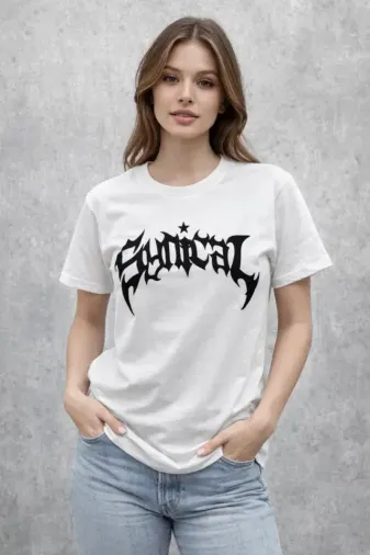 Bisiklet Yaka Ön Baskılı Kısa Kollu Tişört Streetwear Günlük Basic Pamuklu T-shirt - Beyaz - XL - Beyaz