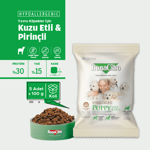 BonaCibo köp55666560 Puppy Lamb & Rice Kuzu Etli Ve Pirinçli Yavru Köpek Maması 100 Gr X 5 Adet