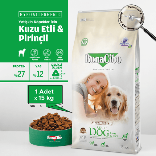 BonaCibo köp8456652202 Adult Dog Lamb & Rice Kuzu Etli Ve Pirinçli Yetişkin Köpek Maması 15 Kg