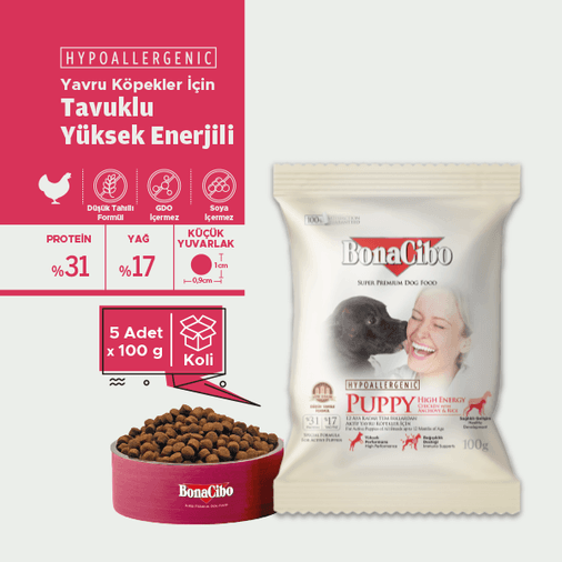 BonaCibo köp98798720 Puppy He Yüksek Enerjili Tavuklu Yavru Köpek Maması 100 Gr X 5 Adet