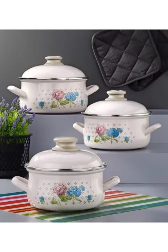 Bonera EMY8009 Emaye 6 Parça Krem Set Emaye Kapakli - Ortanca Dekor