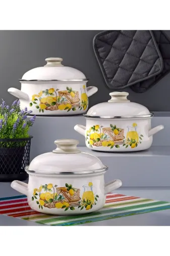 Bonera EMY8010 Emaye 6 Parça Krem Set Emaye Kapaklı İndüksiyon Ocak Uyumlu - Limon Dekor (18 Cm-20 Cm-22 Cm