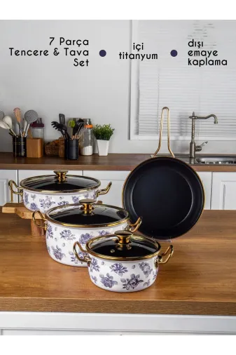 Bonera LİLİUM346 Lilium Emaye 7 Pcs Mavi Gül Desenli Güveç Set Krem