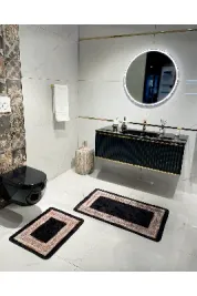 Bordürlü Desenli 2'li Lateks Deri Taban Banyo Paspas Takımı (60X100 - 60X50) Siyah
