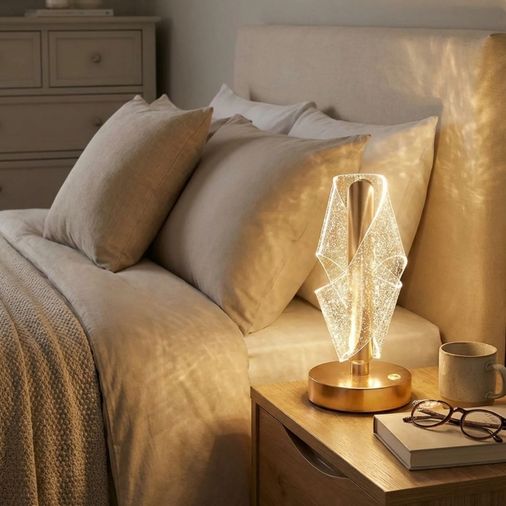 BUFFER® Çapraz Kavisli Ters Kristal Simli LED Masa Lambası – Gold Gövdeli, Dokunmatik, 3 Kademe Işık Ayarlı Şarjlı Dekoratif Lamba