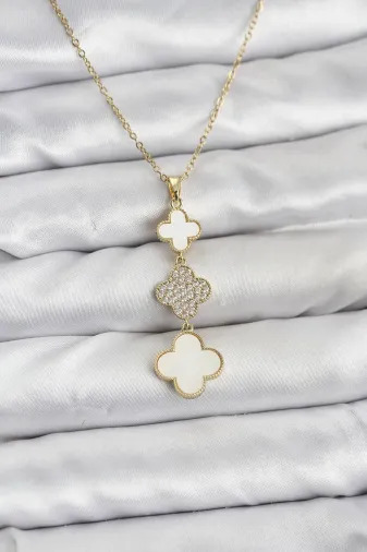 Butik BKO10829 Özssa 316L Çelik Zincir Gold Renk Yonca Detaylı Zirkon Taşlı Kadın Kolye