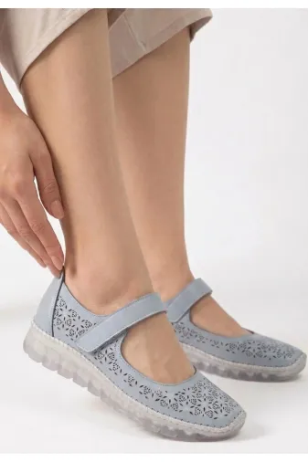 Butik P95127S6272 Sina Mavi Hakiki Deri Cırt Cırtlı Babet Ayakkabı