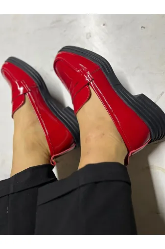 Butik sfk011 Noble Shoes Hakiki Deri Kırmızı Rugan Kadın Loafer