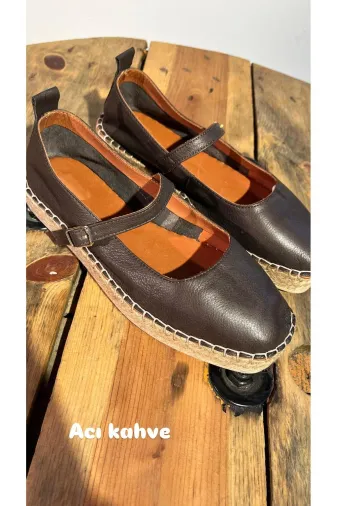 Butik SMT25 Noble Shoes Hakiki Deri Kahve Espadril Kadin Babet