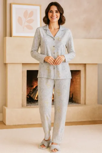Büyük Beden Kadın Kurdele Desen Suprem Düğmeli Pijama Takımı 0520 Gri04