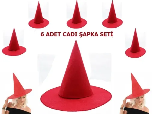 Cadı Şapkası Kırmızı 6 Adet Yetişkin ve Çocuk Uyumlu