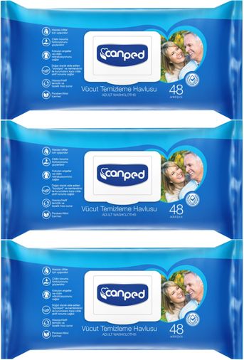 Canped Yetişkin Vücut Perine Temizleme Islak Mendil Havlu 48 Yaprak XL (3 Lü Set) Plastik Kapaklı