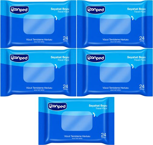 Canped Yetişkin Vücut Temizleme Islak Mendil Havlu 24 Yaprak Seyahat Boy 5 Li Set (120 Yaprak)
