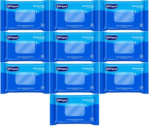 Canped Yetişkin Vücut Temizleme Islak Mendil Havlu 24 Yaprak Seyahat Boy 10 Lu Set (240 Yaprak)