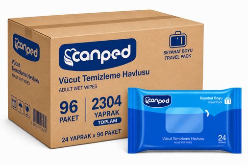Canped Yetişkin Vücut Temizleme Islak Mendil Havlu 24 Yaprak Seyahat Boy 96 Lı Set  (2304 Yaprak)