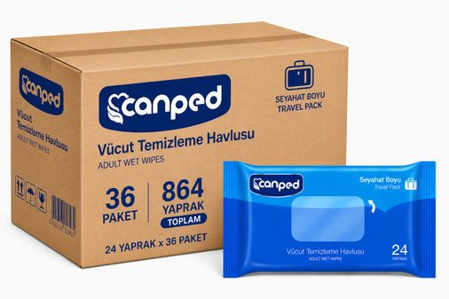 Canped Yetişkin Vücut Temizleme Islak Mendil Havlu 24 Yaprak Seyahat Boy 36 Lı Set  (864 Yaprak)