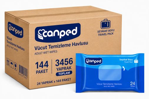 Canped Yetişkin Vücut Temizleme Islak Mendil Havlu 24 Yaprak Seyahat Boy 144 Lü Set  (3456 Yaprak)