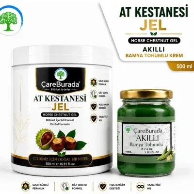 ÇareBurada At Kestanesi Jel 500 ml. & ÇareBurada Bamya Tohumlu Masaj Kremi 100 ml. | Ferahlatıcı Jel, Besleyici Masaj Kremi