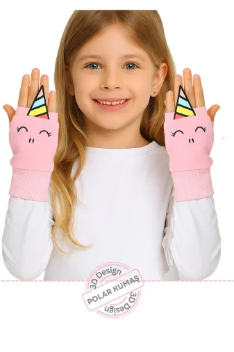 Casabony 23k-025 Unicorns 3D Nakışlı Polar Pembe Kız Çocuk Eldiven
