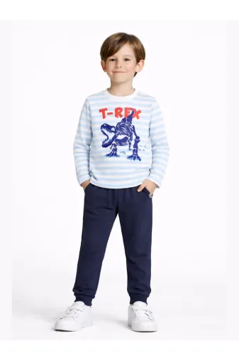 Casabony CS-23K-037 Mavi Çizgili T-Rex Erkek Çocuk Pantolon Takım