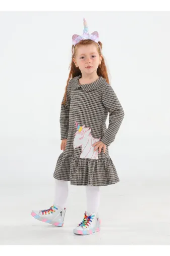 Casabony CS-23S-019 Ekoseli Unicorn Kalın Jaarlı Kız Çocuk Elbise