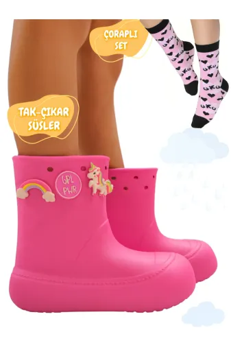 Casabony CS-25S-022 Pembe Kız Yağmur Botu & Pamuklu Çorap Takım