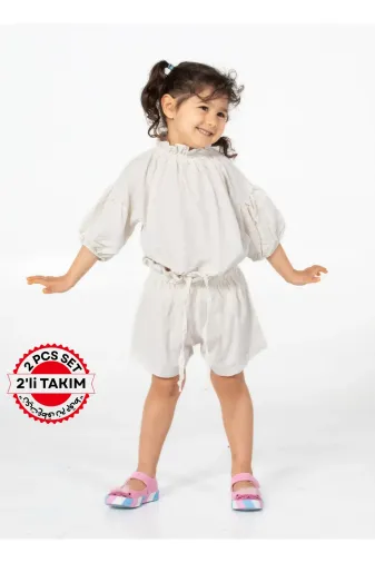 Casabony CS-25Y-010 Ekru Keten Kız Şort + Tunik Takım