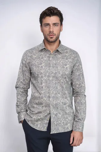 Çiçek Desenli Bej Slim Fit Gömlek - Wessi - S / Bej