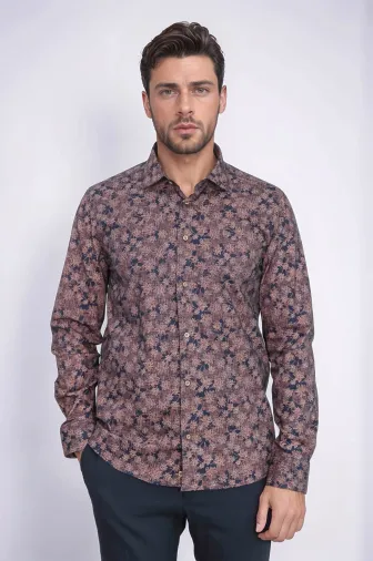 Çiçek Desenli Kahverengi Slim Fit Gömlek - Wessi - 3XL / Kahverengi