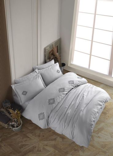 Çift Kişilik Poplin Premium Nakışlı Nev Azra Gri