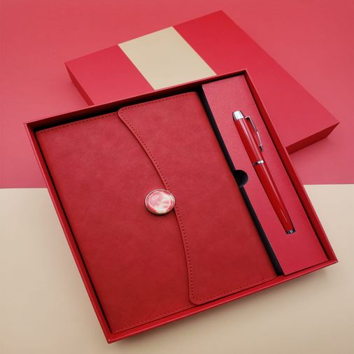 Çizgili Defter Ve Metal Kalem Seti Kırmızı