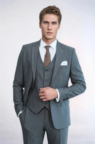Çizgili Slim Fit Antrasit Erkek Takım Elbise - Wessi