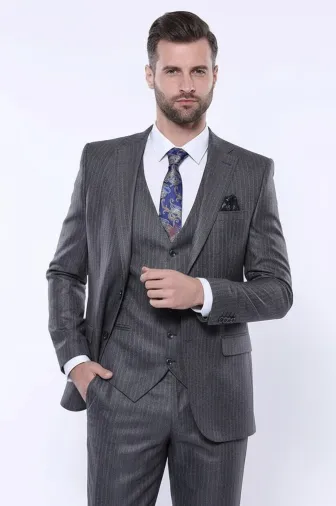 Çizgili Slim Fit Gri Yelekli Takım Elbise | Wessi - Wessi