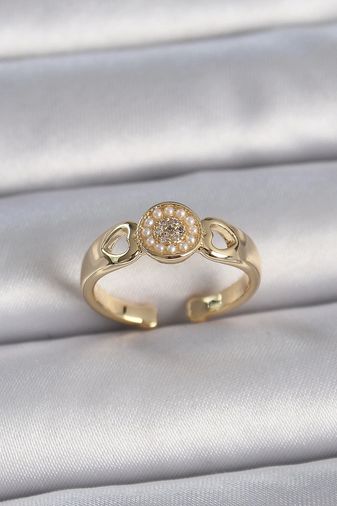 Clariss BYK3358-BLNC Pirinç Gold Renk Zirkon Taşlı İncili Kalp İşleme Detay Ayarlanabilir Kadın Yüzük Çok Renkli