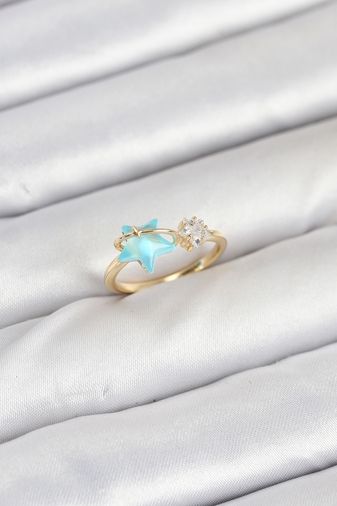 Clariss BYK3868-BLNC Pirinç Gold Renk Mavi Yıldızlı Model Kadın Yüzük Çok Renkli