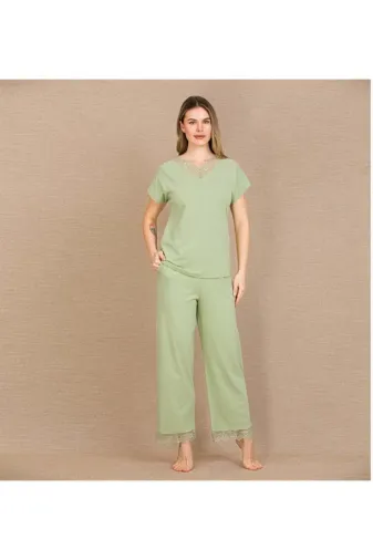 Closet Pamuklu Şık Tasarım Dantel İşlemeli Yeşil Kısa Kol Pijama Takımı