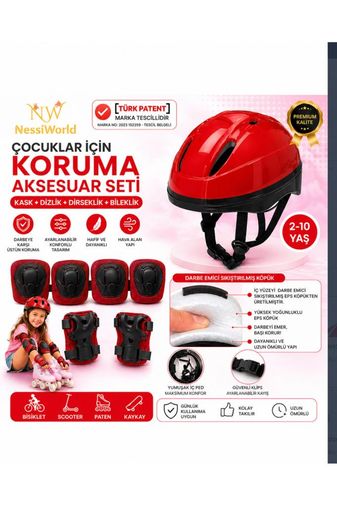 Çocuk Kaskı Ve Dizlik, Dirseklik Eldiven Set KIRMIZ/KIRMIZISİYAH