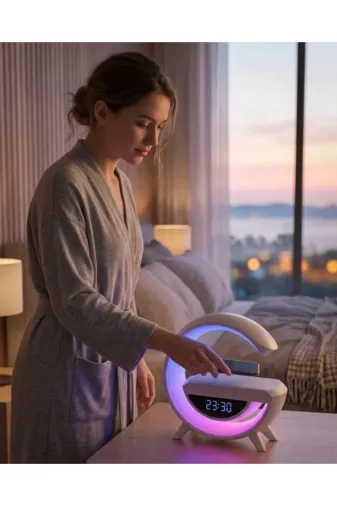 Çok Fonksiyonlu Kablosuz Şarjlı Saat Hoparlör RGB Işık ve Alarm Özellikli