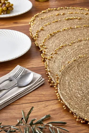 Cornella SET-1717-6 Seagrass Hasır Yuvarlak Amerikan Servis Supla Gold 6'lı Set