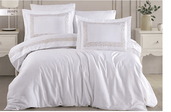 Cotton Çift Kişilik Nakışlı Saten Nevresim Takımı Jasmin Bej