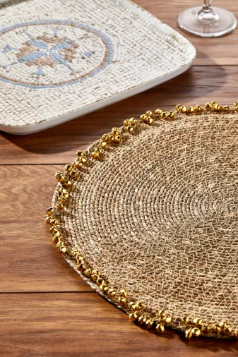 CR-1717 Hasır Gold Boncuk Detaylı Kahverengi El Yapımı Boncuklu Supla, Yuvarlak Amerikan Servis