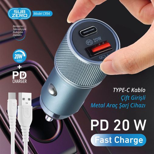 cr9494 Subzero Cr94 20W 3.4A Hızlı Pd+Usb Çıkışlı Type-C Araç İçi Şarj Aleti Cihazı