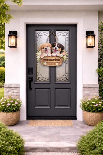 Da 128858383 28-25 Cm Hoş Geldin Köpek Çiçek Dekorlu Ahşap Kapı Süsü, Kapı Bahçe Önü Süsü Yeni